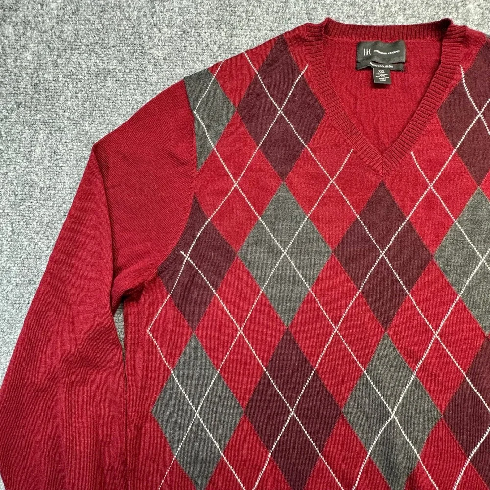INC International Concepts Argyle‎ Sweater Mens XXL Red Merino Wool Blend